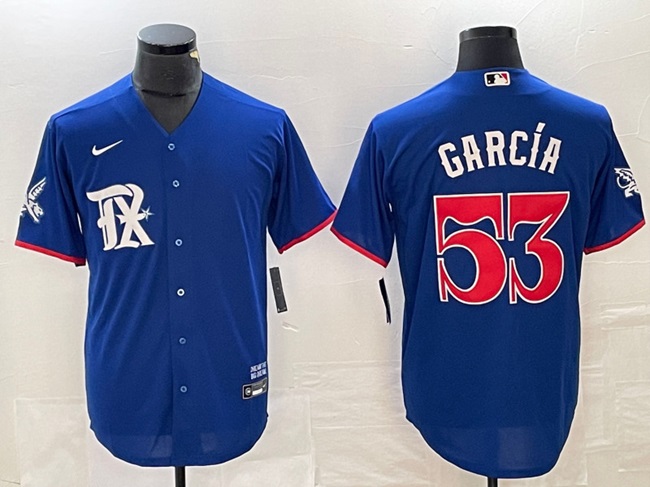 Men's Texas Rangers #53 Adolis García Royal City Connect Stitched Baseball Jersey Men's Texas Rangers #53 Adolis García Royal City Connect Stitched Baseball Jersey